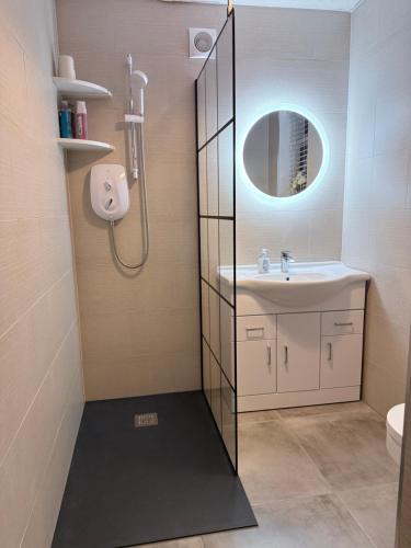 a bathroom with a shower and a sink and a mirror at Cosy corner in Sligo