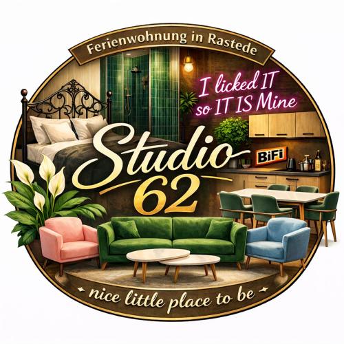 a sign for a hotel with a bed and tables and chairs at Ferienwohnung Studio 62 in Rastede