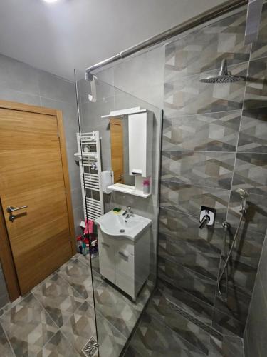a bathroom with a sink and a mirror and a shower at Mali Princip in Pale