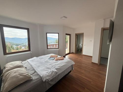 a bedroom with a large bed and two windows at Cabana Lake View in Bălceşti