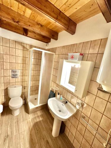 a bathroom with a toilet a sink and a shower at Casa Enry in Alcalá de la Selva