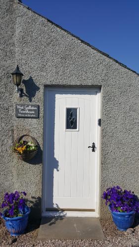 a white door on a building with two blue flowers at West Gallaton Farmhouse in Stonehaven