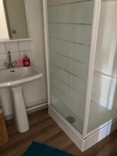 a bathroom with a glass shower next to a sink at Morbreizh 1 in Paimpol