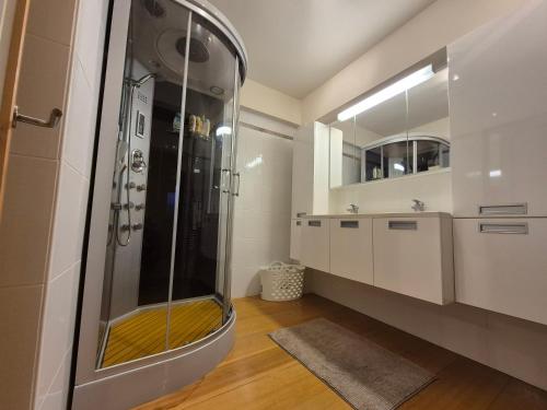 a bathroom with a shower with a glass door at Faro in Blankenberge