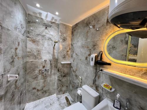 a bathroom with a toilet and a shower at Star Vysta pyramids hotel in Cairo