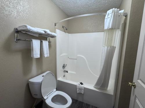 a small bathroom with a toilet and a shower at Deerfield inn & Suits in Smyrna