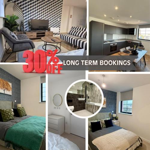 a collage of pictures of a living room and a kitchen at Serene- Stunning Two Bedroom 2 washroom, Spacious, dual aspect lounge, Jwellery Quarter, Birmingham City Centre in Birmingham