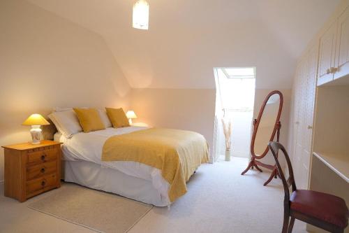 a bedroom with a bed and a chair and a mirror at Ashmount Lodge in Ballynageragh