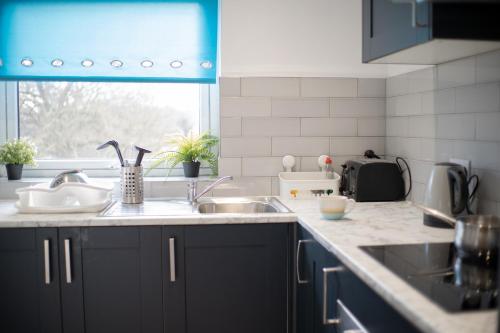 a kitchen with black cabinets and a sink and a window at New Reno l Bright l Heart of the City l SelfCheckin in Hatfield