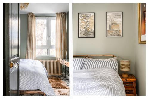 two pictures of a bedroom with a bed and a window at Lakeview in London