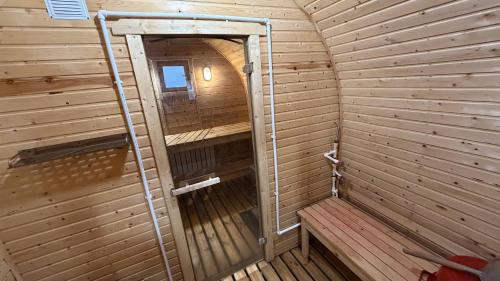 an inside view of a wooden sauna at Arrow Burabay in Borovoye