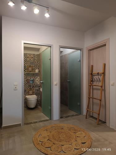 a bathroom with two green doors and a toilet at Aléa Villa Plakias in Plakias