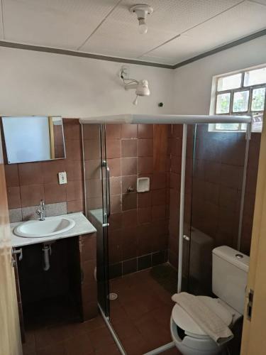 a bathroom with a shower and a toilet and a sink at China Hotel in Canindé de São Francisco