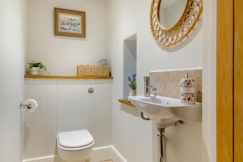 a bathroom with a sink and a toilet and a mirror at 4 Bed in Etloe oc-e34026 in Awre