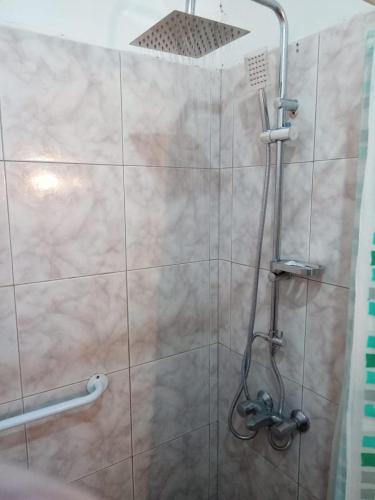 a shower in a bathroom with a glass door at Cabañas Dolce Far Niente in Tandil
