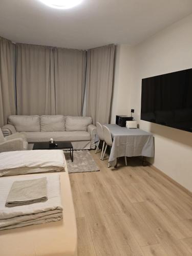 a living room with two beds and a flat screen tv at Marlin City Apartment Erdgeschoss 1 in Bielefeld