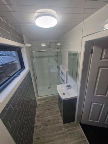 a bathroom with a sink and a shower and a toilet at THE COASTAL INN ACCOMMODATIONs in Cellardyke