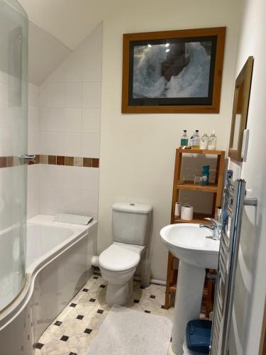 Highfields Farm B&B في استون: حمام مع مرحاض ومغسلة وحوض استحمام