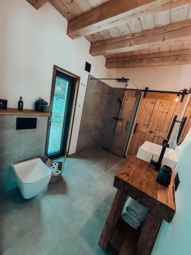 a bathroom with a shower and a sink and a toilet at Cozy Chalet in Smolné Pece