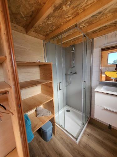 a small bathroom with a shower in a tiny house at maison du bonheur in Tréflez