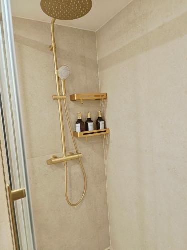 a bathroom with a shower with bottles on a shelf at SCI Gomis Invest in Issy-les-Moulineaux
