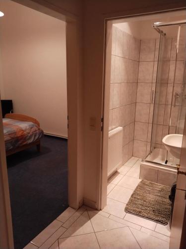 a bathroom with a shower and a bed at Locanda EL TORO in Arnoldstein