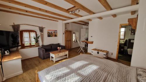 a bedroom with a bed and a living room at Sethmacher Stube in Bad Gottleuba