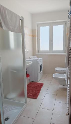 a bathroom with a shower and a washing machine at Casa Palmira in Drena