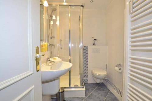 a bathroom with a shower and a sink and a toilet at Birgit, App 4 "Sterntaucher" in Westerland