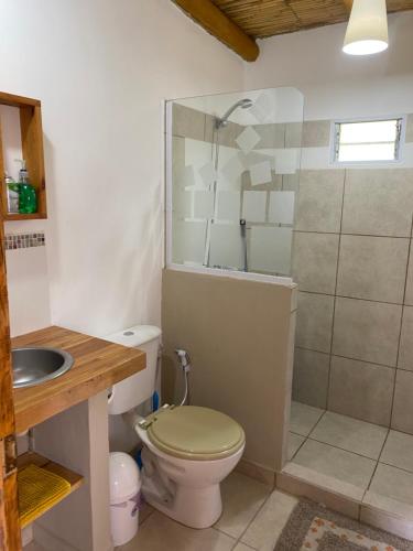a bathroom with a toilet and a shower at cabañas UMA RAYMI in Juella