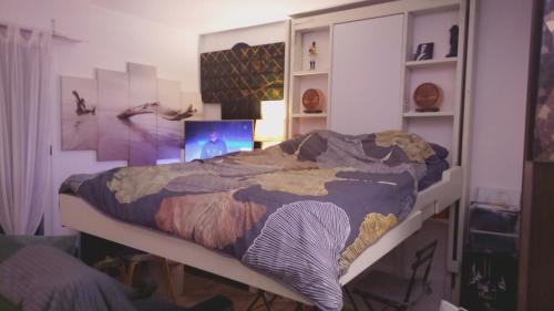 a bedroom with a bed and a computer in it at Studio meublé vue tour Eiffel et tout Paris in Saint-Maurice