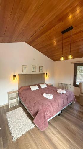 a large bed in a bedroom with a wooden ceiling at Vimaen Suites in La Cumbrecita