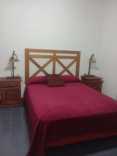a bed with a red bedspread and two night stands at En Santa Rosa in Santa Rosa