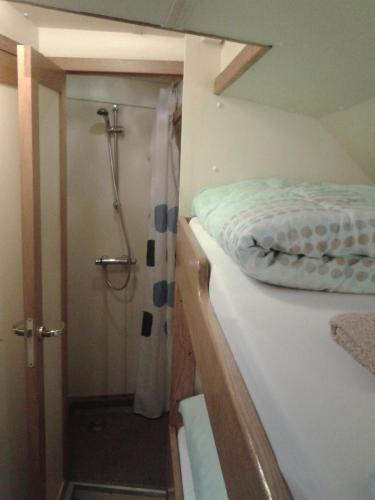 a small bathroom with a bed and a shower at Zeilschip De Vrouw Dina in Leiden