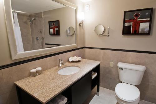 a bathroom with a sink and a toilet and a mirror at Wyndham Gatineau-Ottawa & Conference Centre in Gatineau