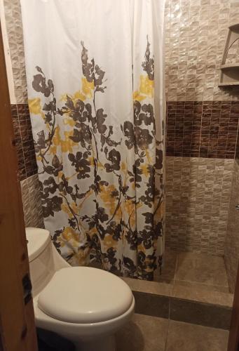a bathroom with a shower curtain with a toilet at Home Capybara Stay in Mindo