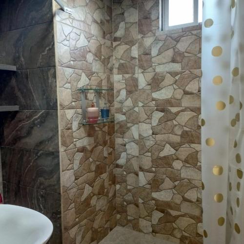 a bathroom with a shower with a stone wall at Departamento azul de 2 hab en la Victoria, cerca de universidades con garaje in Ibarra