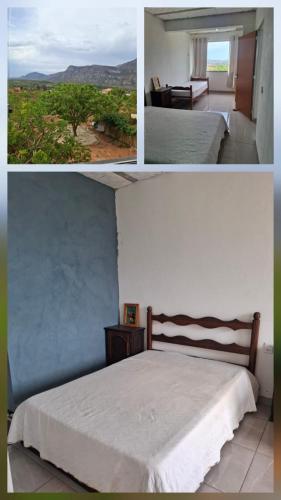 two pictures of a bedroom with a bed and a view at Cantinho da Meirinha in Santana do Riacho
