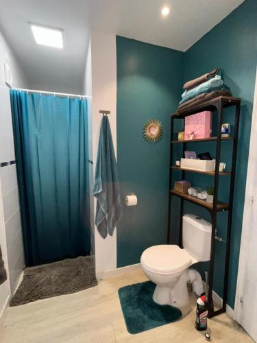 a bathroom with a toilet and a blue shower at Bungalow Ti Paradis in Baie-Mahault