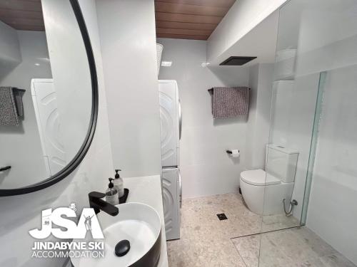 a bathroom with a sink and a toilet and a mirror at Lakeside Chalet in Jindabyne