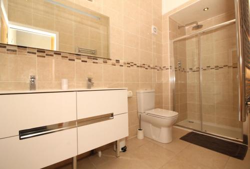 uma casa de banho com um WC e um chuveiro em Sheldon Barn em Bideford