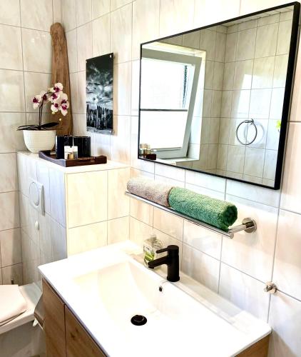 a bathroom with a sink and a mirror at Ritas-Op-Soelring in Westerland