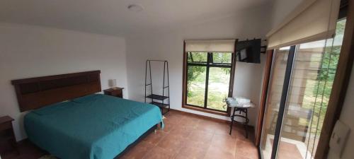 a bedroom with a blue bed and a window at Cabaña Roquin Patagonia in Chile Chico