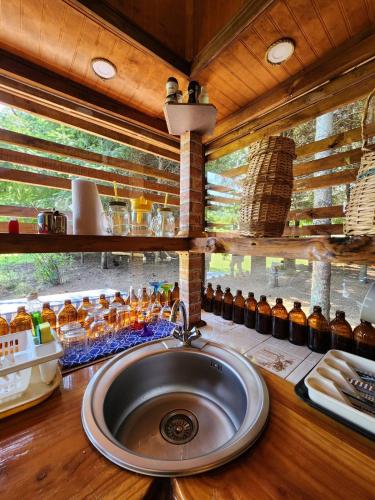 a bathroom with a sink and a window with bottles at Brisas del llaima in Melipeuco