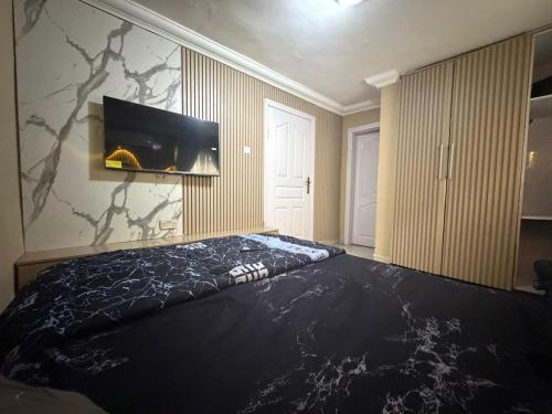 ein Schlafzimmer mit einem großen Bett und einem Fernseher an der Wand in der Unterkunft Royal Max in Ikeja