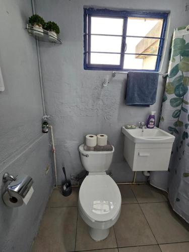 a bathroom with a white toilet and a sink at Departamento Completo en el Centro de Monterrey in Monterrey