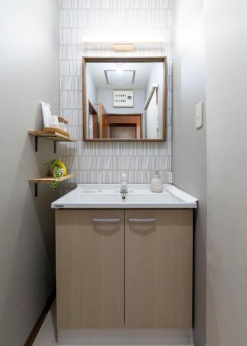 a bathroom with a sink and a mirror at ゲストハウス あぽわん 貸切宿無料駐車場 in Mitoyo