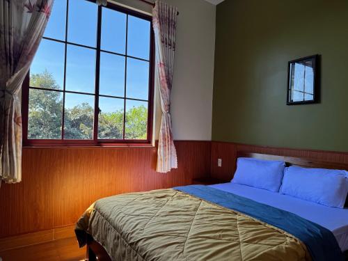 a bedroom with a bed with blue pillows and a window at ANH DUONg 1 HOTEL in Bảo Lộc