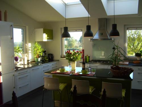 una cocina con armarios blancos y una mesa con plantas en Maison Marguerite, en Lemiers