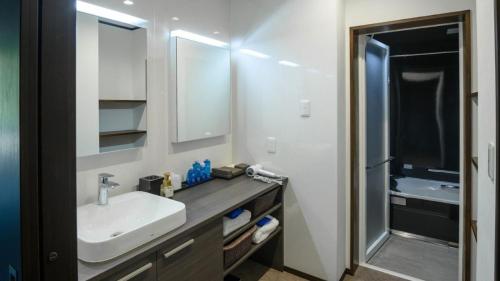 a bathroom with a sink and a mirror at Iwaizumi Ryusendo Hotel Ryunosumika in Iwaizumi